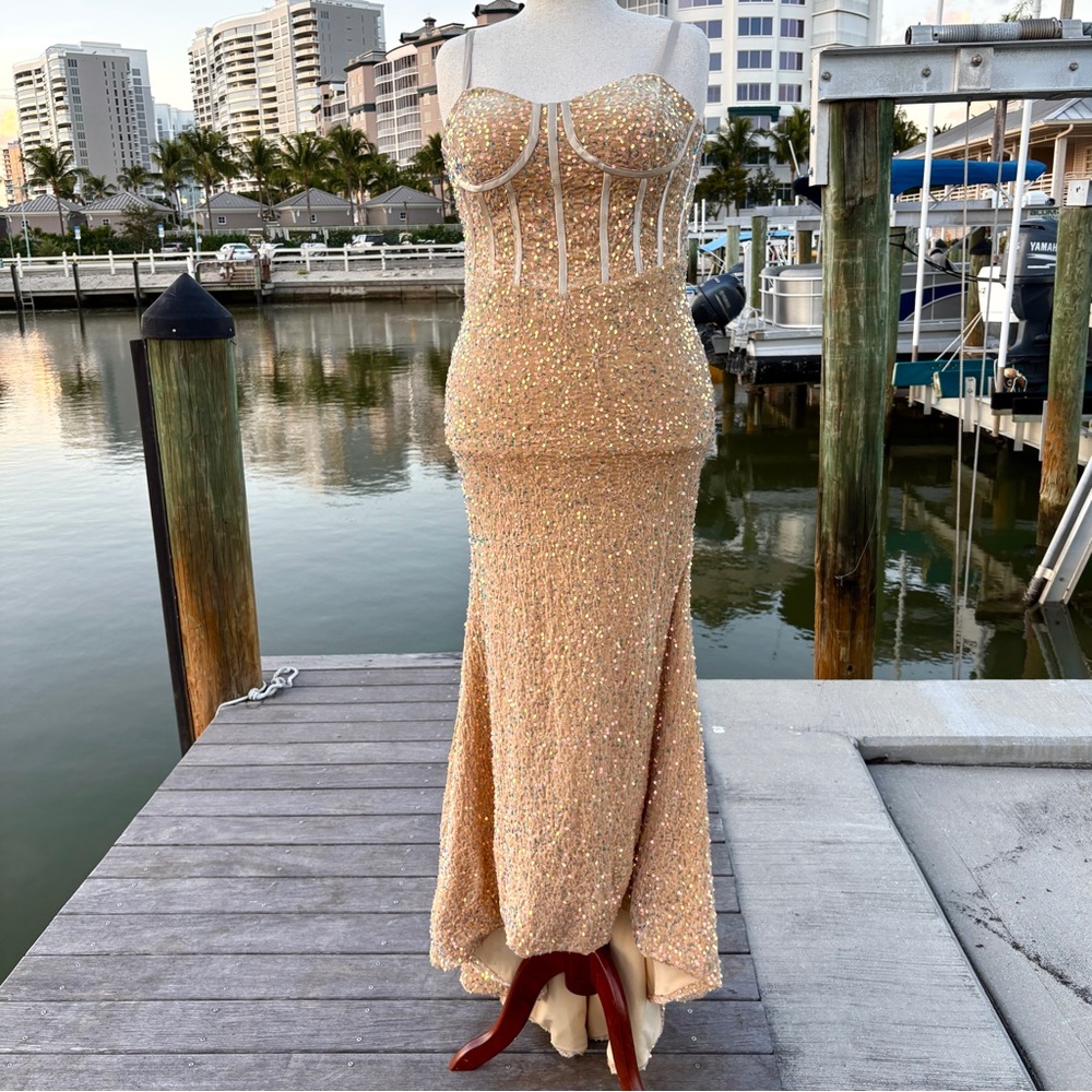 Pomuyoo Gold Crushed Velvet Sequin Gown Size 16 XL Corset Wedding Bridal Stretch